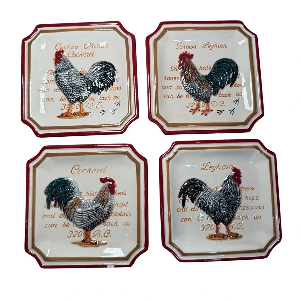 MWW Market Rooster Mini Plates Set 4 Leghorn‎ Cockerel Cuckoo Maran 3D Ceramic